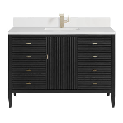 Renovate for Less Atlanta Myrrin 48" Vanity, Carbon Oak w/ Single Hole 3 CM White Zeus Silestone Top & Backsplash
