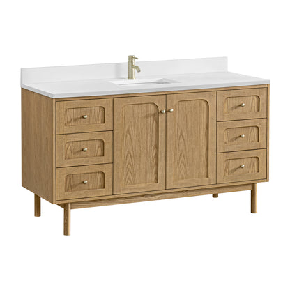 Renovate for Less Atlanta Laurent 60" Single Vanity, Light Natural Oak, w/ Single Hole 3 CM White Zeus Quartz Top & Backsplash