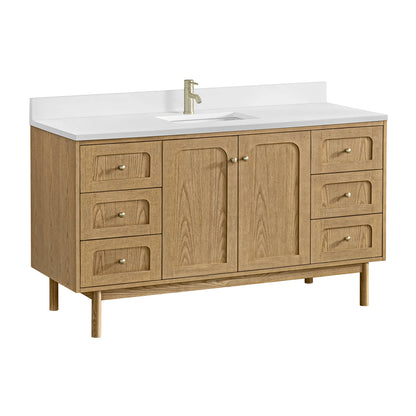 Laurent 60" Single Vanity, Light Natural Oak, w/ Single Hole 3 CM White Zeus Quartz Top & Backsplash