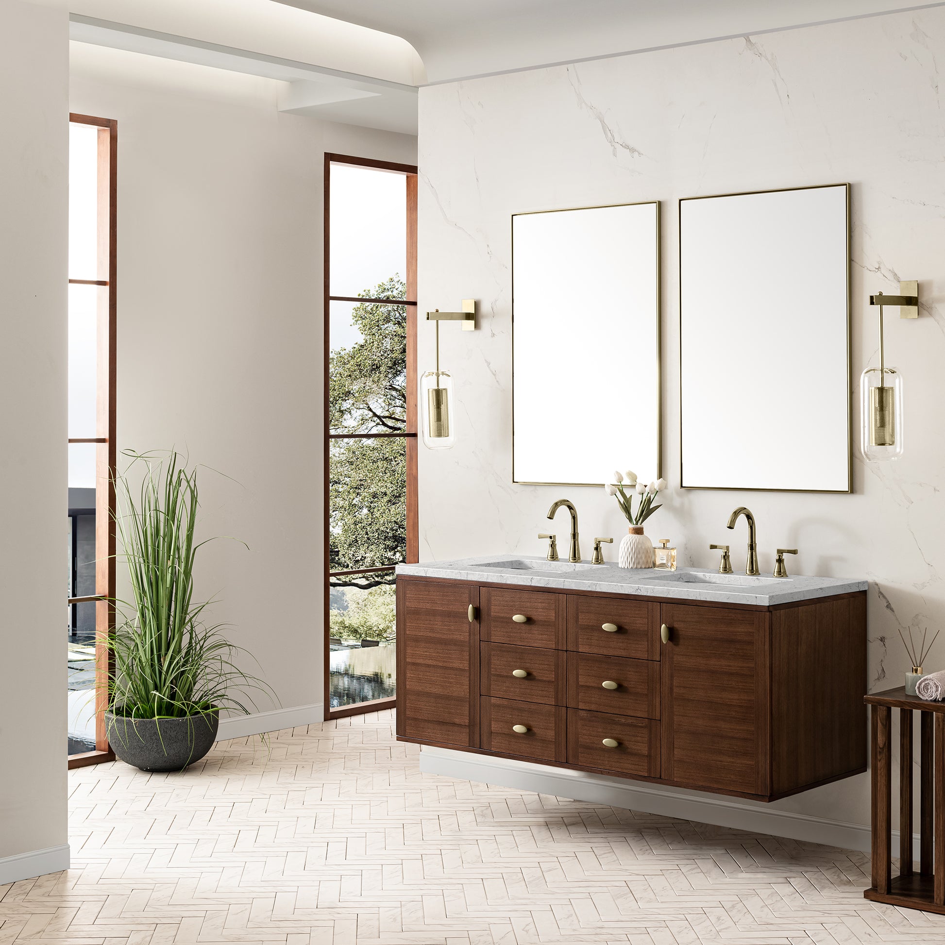 Renovate for Less Atlanta Amberly 60" Double Vanity, Mid-Century Walnut w/ 3 CM Eternal Jasmine Pearl Top w/FreePower Wireless Charger