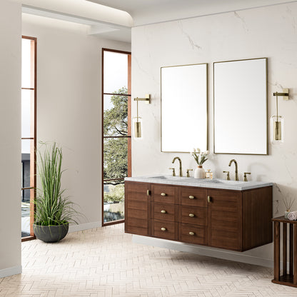 Renovate for Less Atlanta Amberly 60" Double Vanity, Mid-Century Walnut w/ 3 CM Eternal Jasmine Pearl Top