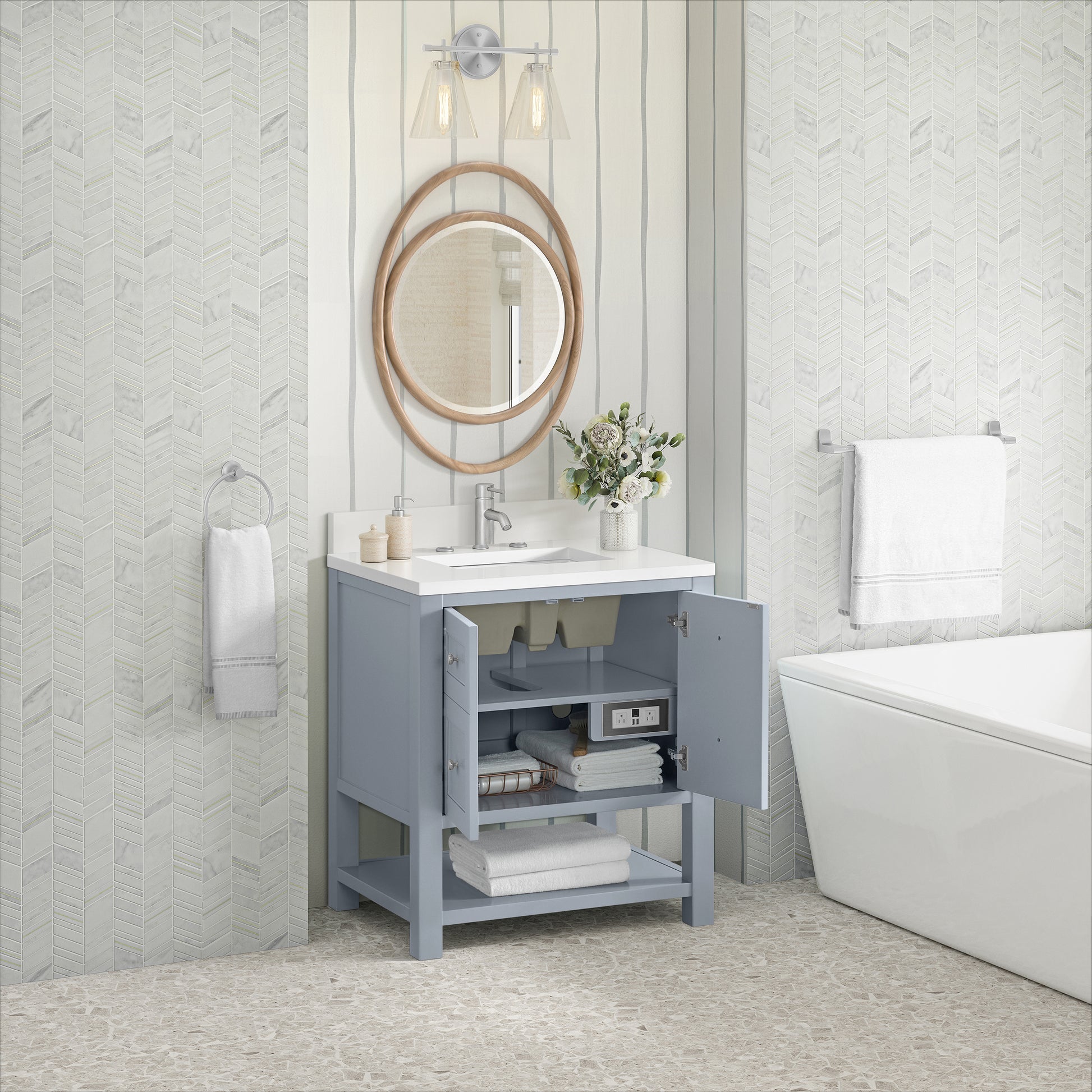 Renovate for Less Atlanta Breckenridge 30" Single Vanity, Serenity Blue, w/ Single Hole 3 CM White Zeus Quartz Top & Backsplash