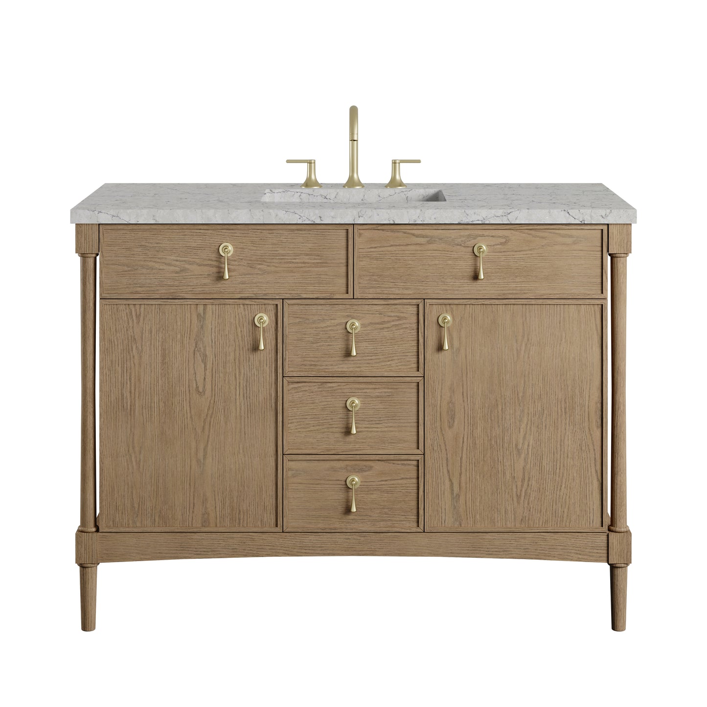 Renovate for Less Atlanta Kinnsden 48" Single Vanity, Weathered Oak w/ 3 CM Eternal Jasmine Pearl Silestone Top w/FreePower Wireless Charger