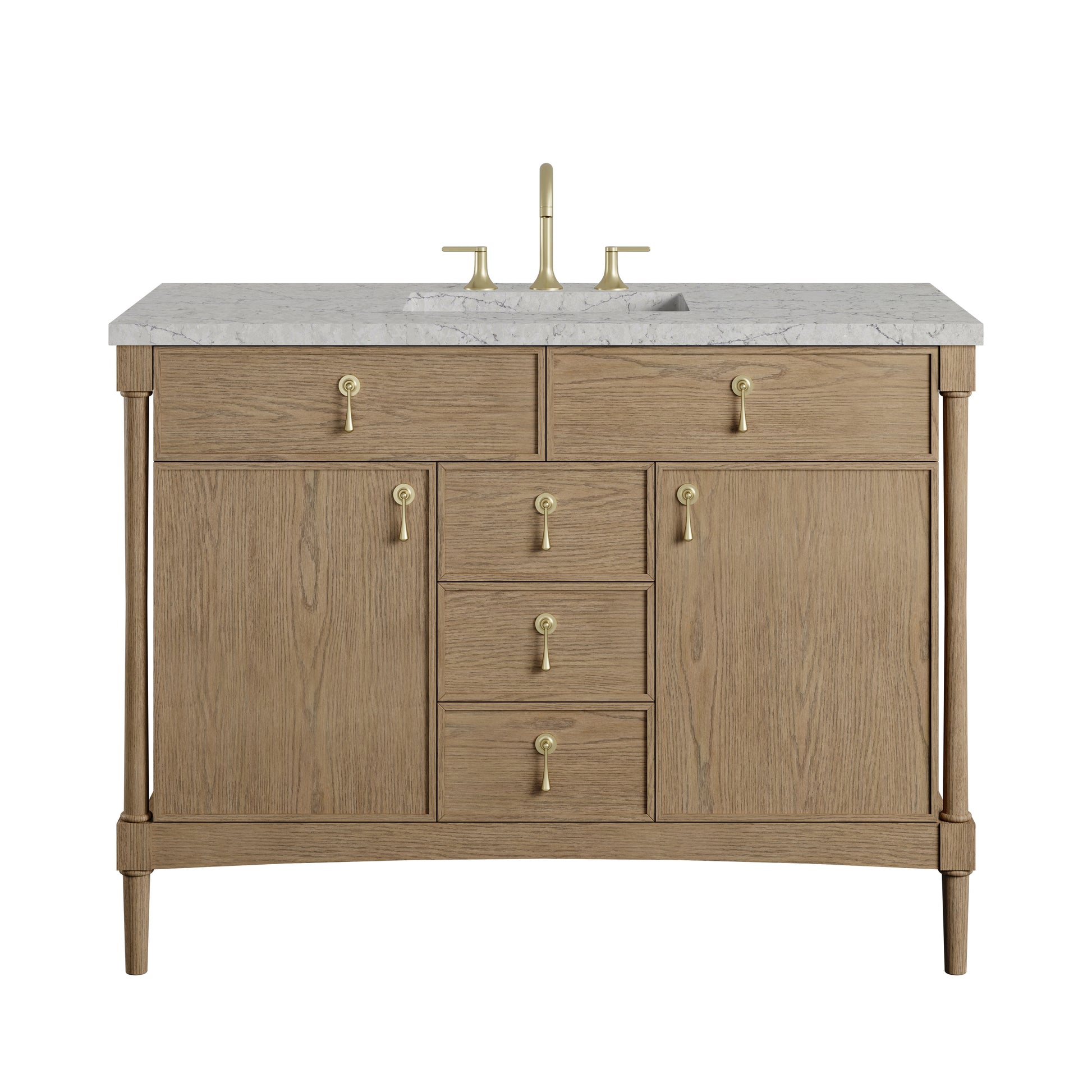 Renovate for Less Atlanta Kinnsden 48" Single Vanity, Weathered Oak w/ 3 CM Eternal Jasmine Pearl Silestone Top w/FreePower Wireless Charger