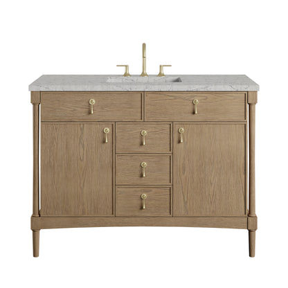 Renovate for Less Atlanta Kinnsden 48" Single Vanity, Weathered Oak w/ 3 CM Eternal Jasmine Pearl Silestone Top w/FreePower Wireless Charger