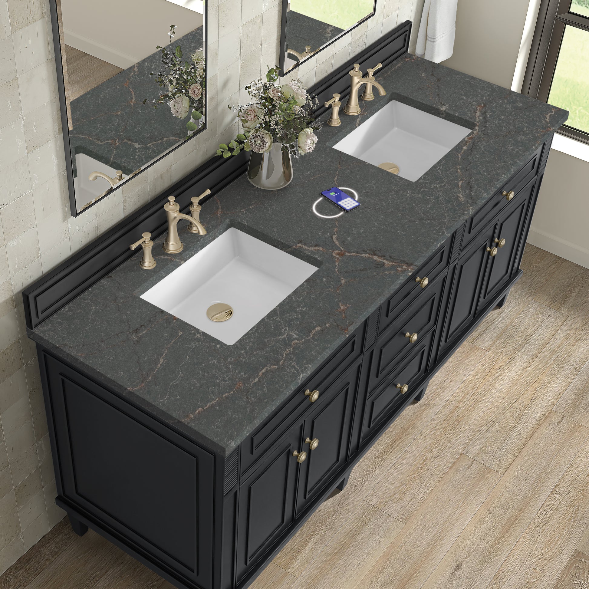 Renovate for Less Atlanta Lorelai 72" Double Vanity, Black Onyx w/ 3 CM Parisien Bleu Silestone Top w/FreePower Wireless Charger