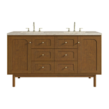 Renovate for Less Atlanta Laurent 60" Double Vanity, Honey Oak w/ 3 CM Tajnar Eclos Top w/FreePower Wireless Charger