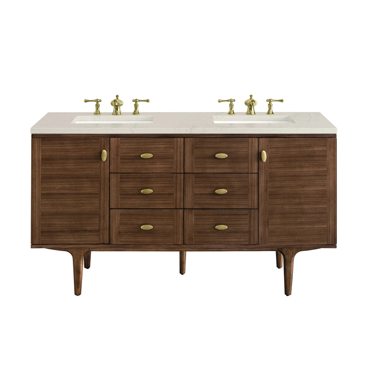 Amberly 60" Double Vanity, Mid-Century Walnut, w/ 3 CM Siberian Silestone Top w/FreePower Wireless Charger