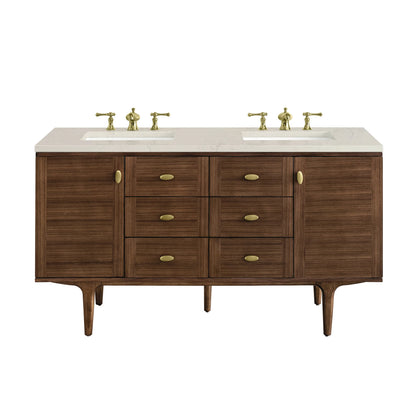 Amberly 60" Double Vanity, Mid-Century Walnut, w/ 3 CM Siberian Silestone Top w/FreePower Wireless Charger