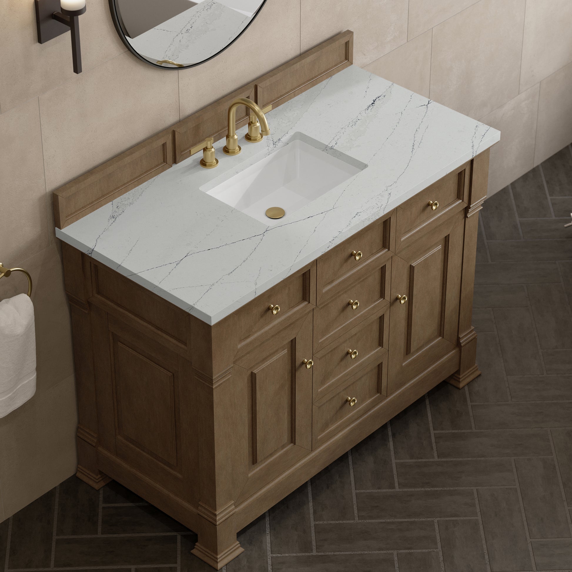 Renovate for Less Atlanta Brookfield 48" Single Vanity, Pecan w/ 3 CM Ethereal Noctis Silestone Top