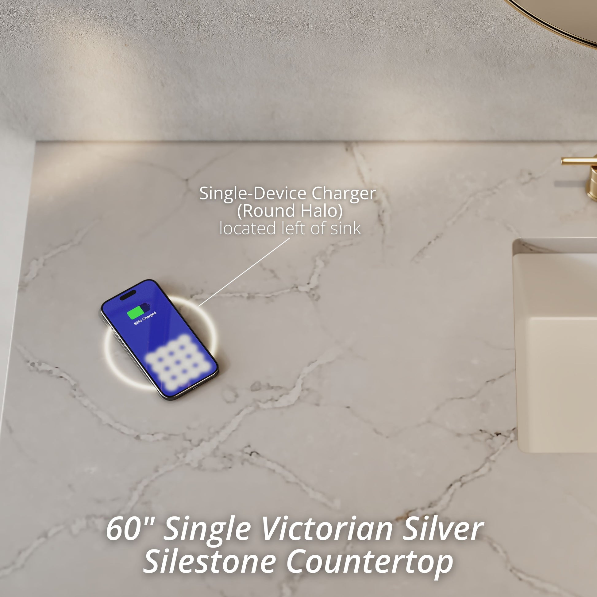 Renovate for Less Atlanta Brittany 60" Single Vanity, Bright White w/ 3 CM Victorian Silver Silestone Top w/FreePower Wireless Charger
