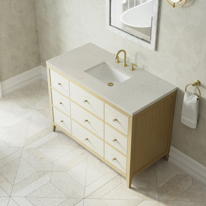 Renovate for Less Atlanta Celeste 48" Single Vanity, Sunwashed Oak with Embossed Shagreen, w/ 3 CM Siberian Silestone Top w/FreePower Wireless Charger