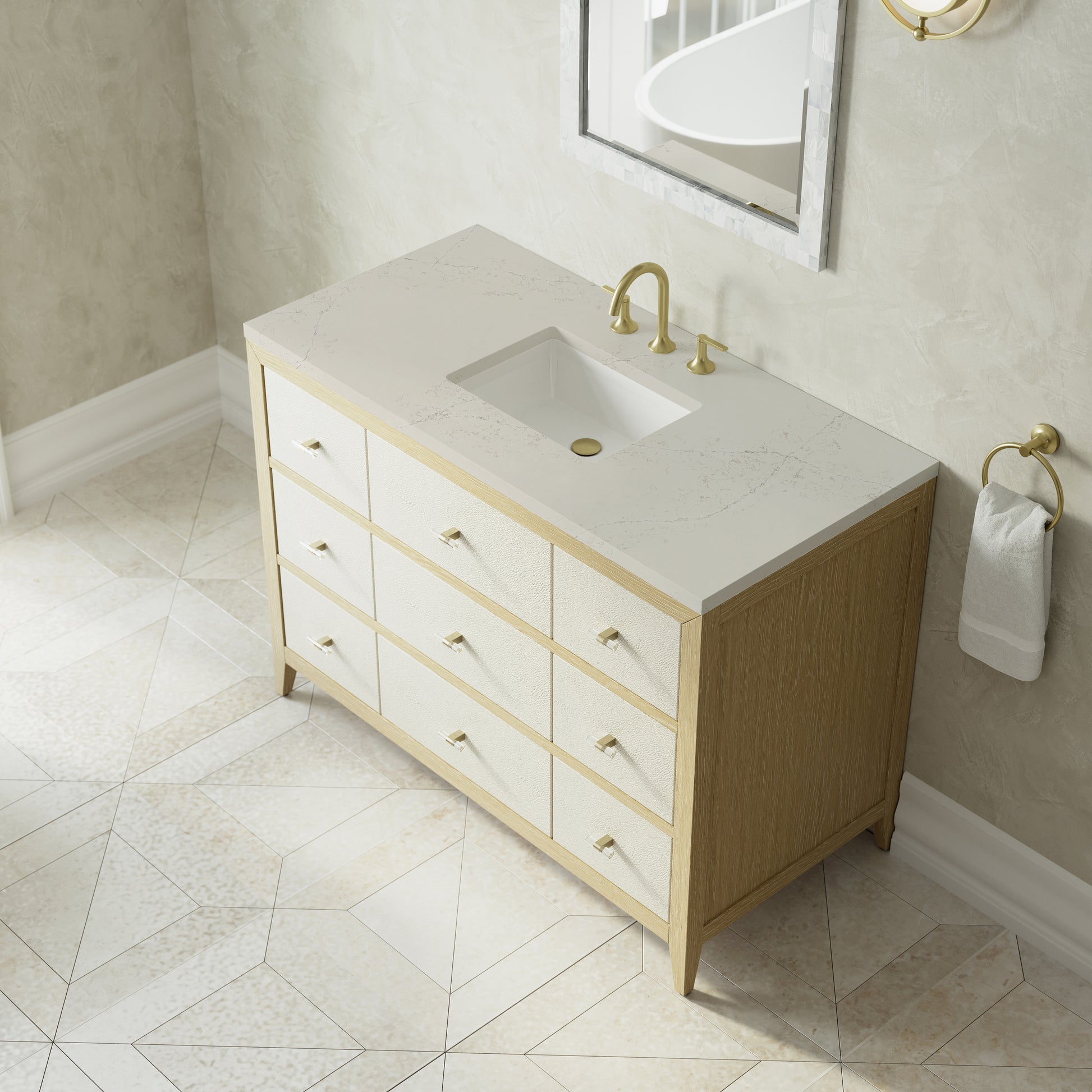 Renovate for Less Atlanta Celeste 48" Single Vanity, Sunwashed Oak with Embossed Shagreen, w/ 3 CM Siberian Silestone Top