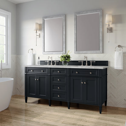 Renovate for Less Atlanta Brittany 72" Double Vanity, Black Onyx w/ 3 CM Victorian Silver Silestone Top w/FreePower Wireless Charger