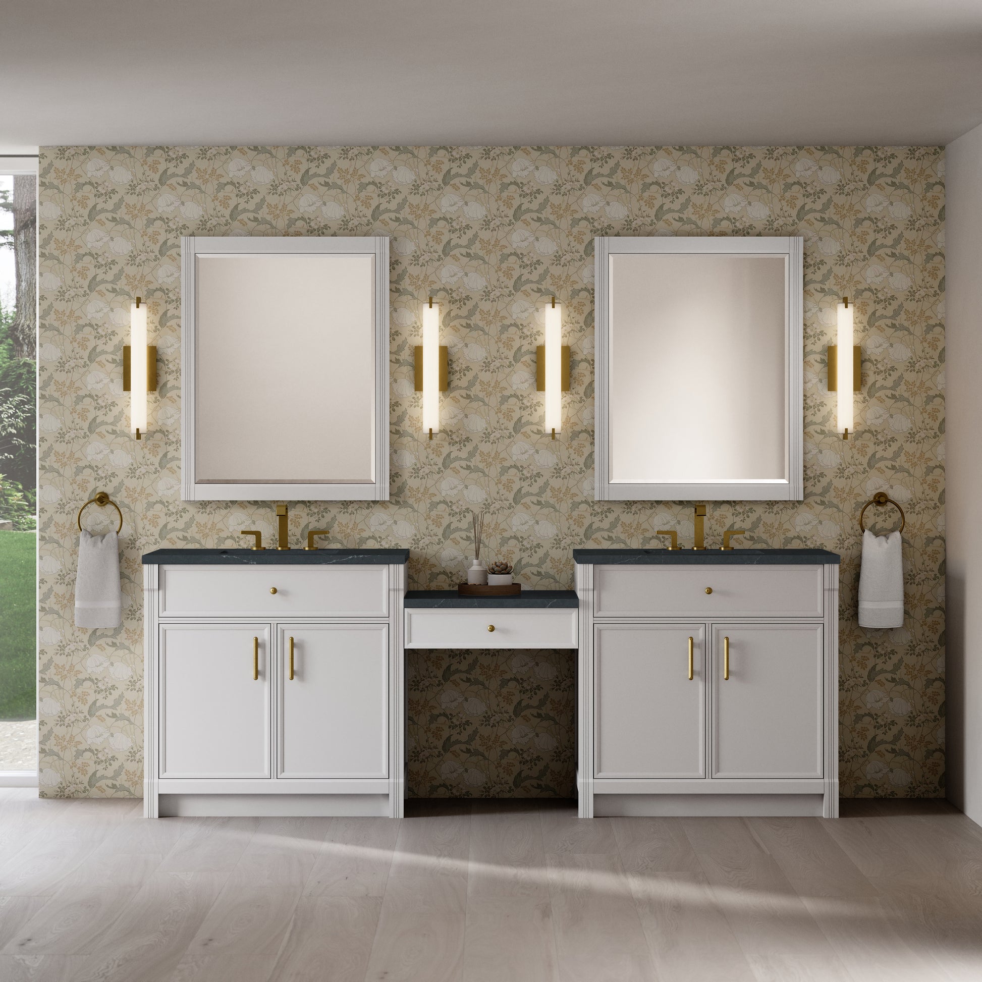 Renovate for Less Atlanta Bellshire 96" Dual Vanity Set with 24" Make-Up Counter, Bright White w/3 cm Charcoal Soapstone Silestone Top