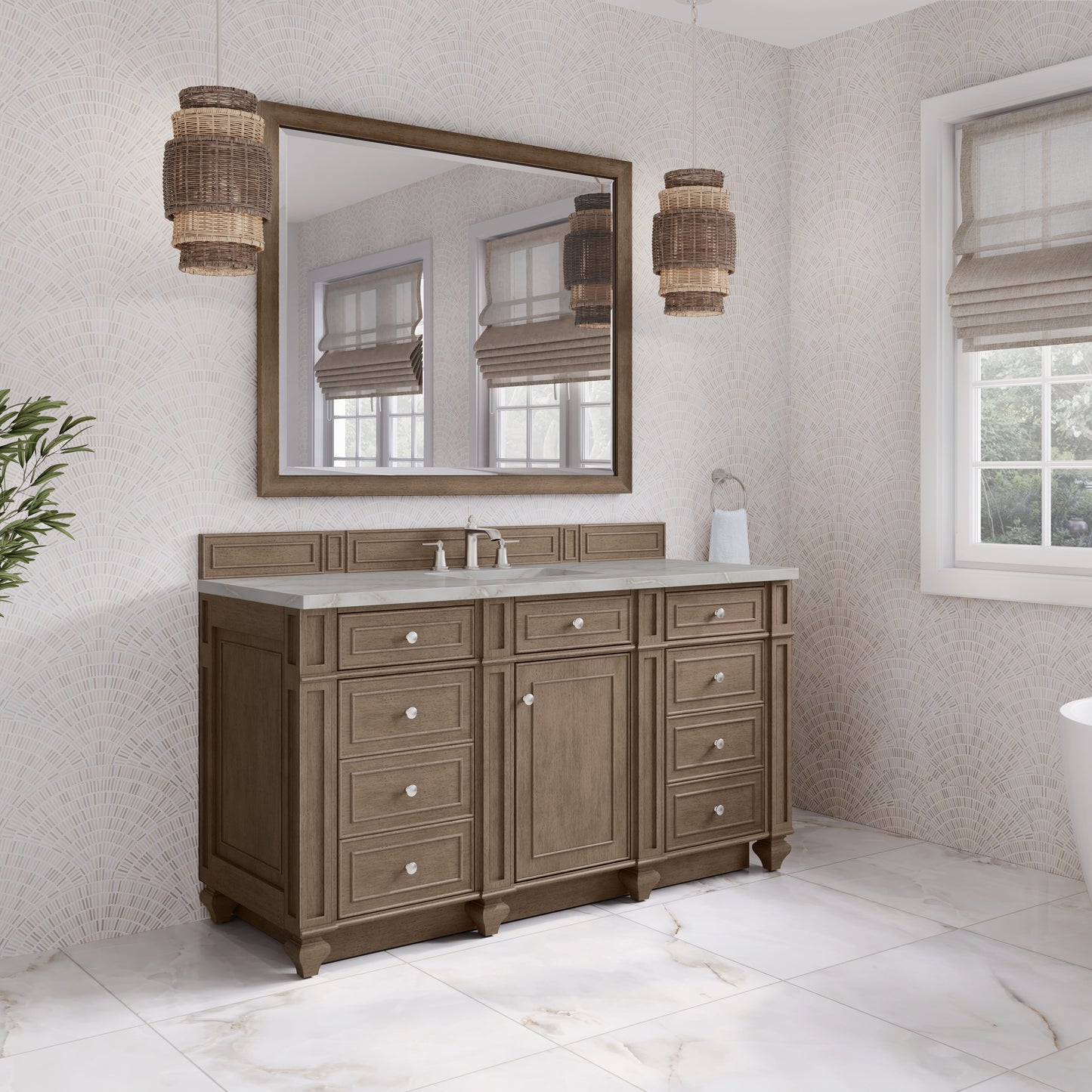 Renovate for Less Atlanta Bristol 60" Single Vanity, Whitewashed Walnut w/ 3 CM Victorian Silver Silestone Top
