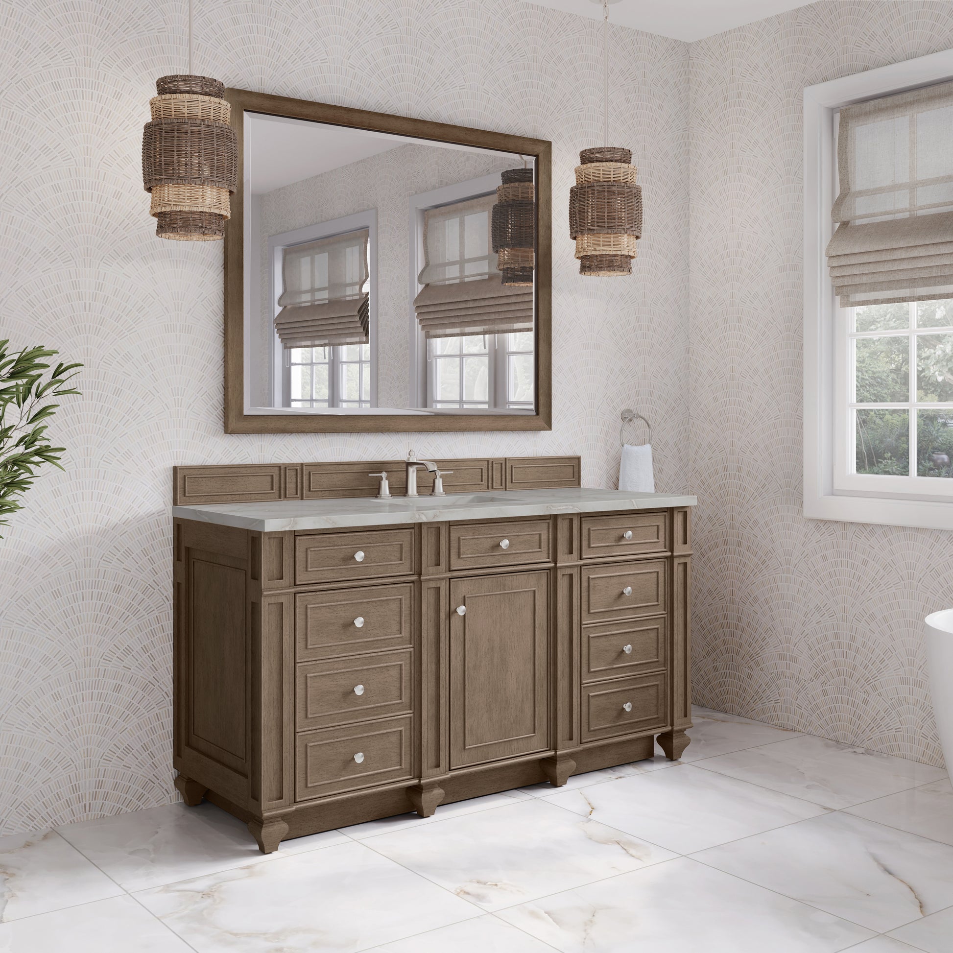 Renovate for Less Atlanta Bristol 60" Single Vanity, Whitewashed Walnut w/ 3 CM Victorian Silver Silestone Top