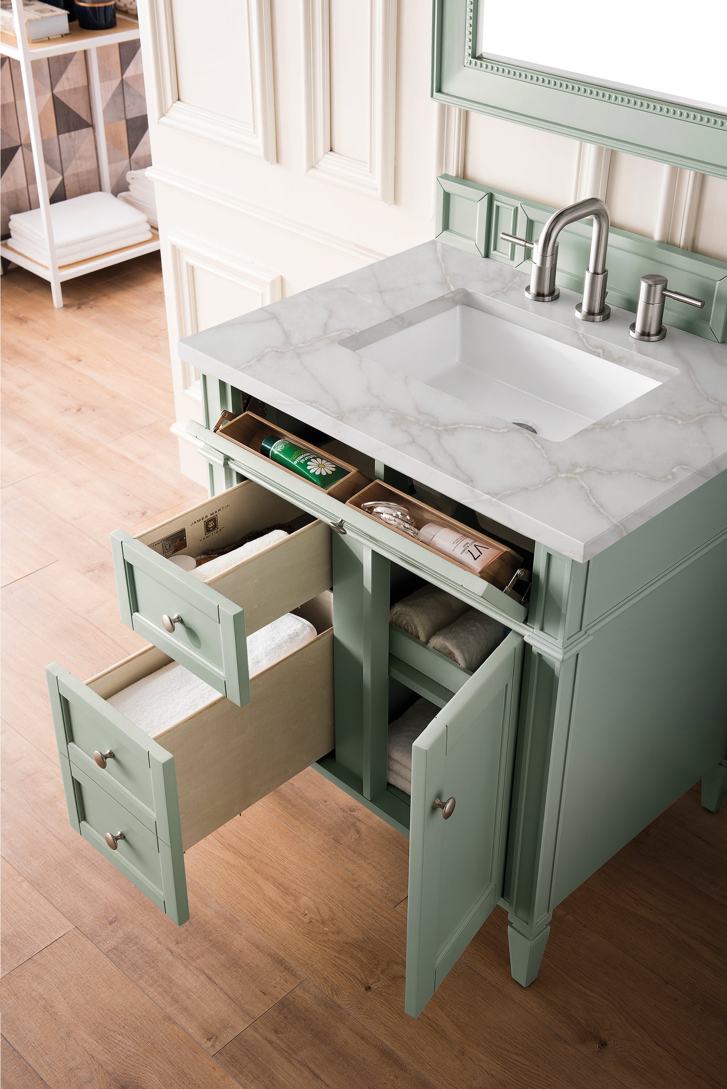 Renovate for Less Atlanta Brittany 30" Single Vanity, Sage Green, w/ 3 CM Victorian Silver Silestone Top