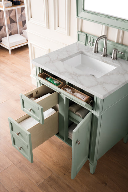 Renovate for Less Atlanta Brittany 30" Single Vanity, Sage Green, w/ 3 CM Victorian Silver Silestone Top