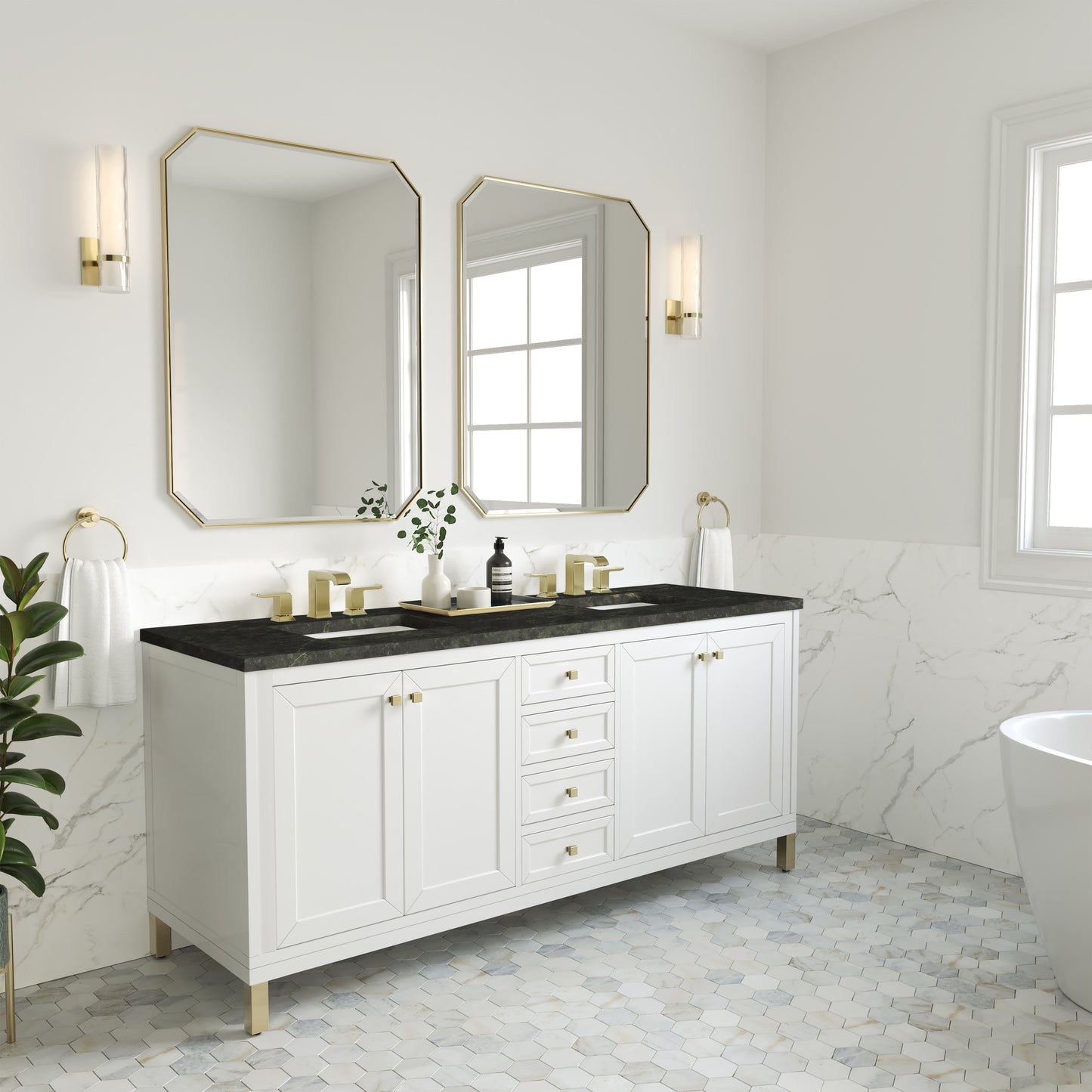 Renovate for Less Atlanta Chicago 72" Double Vanity, Glossy White, w/ 3 CM Phantome Eclos Top