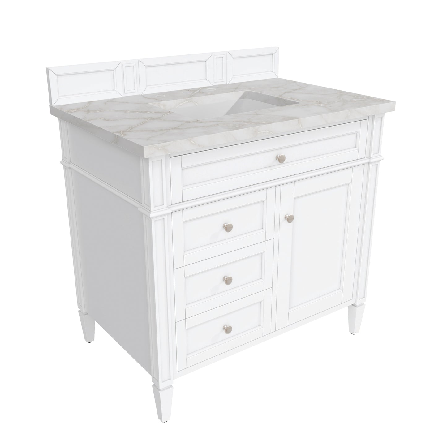 Renovate for Less Atlanta Brittany 36" Single Vanity, Bright White w/ 3 CM Victorian Silver Silestone Top