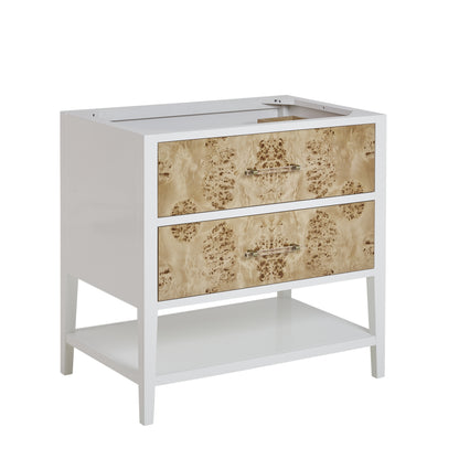 Renovate for Less Atlanta Olena 36" Single Vanity, Light Mappa Burl and Polished White w/ 3 CM White Zeus Silestone Top