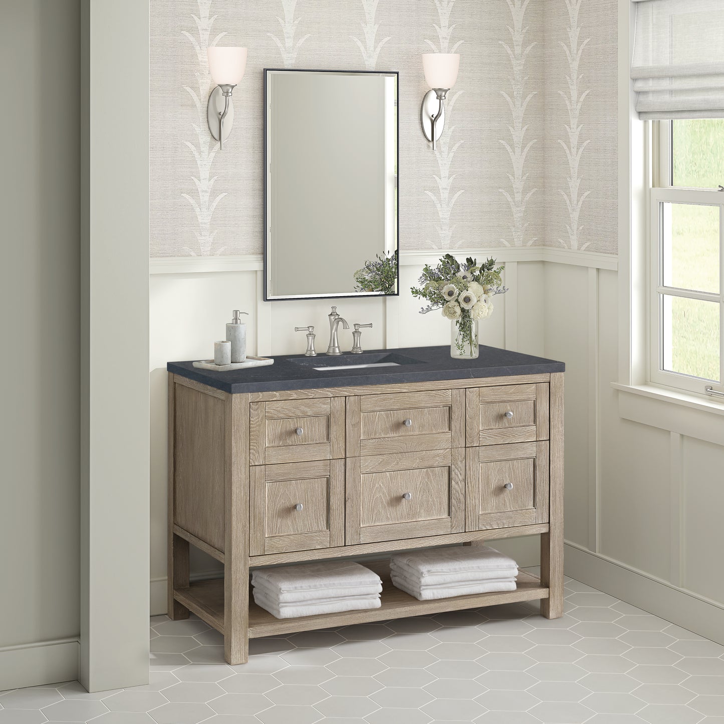 Renovate for Less Atlanta Breckenridge 48" Single Vanity, Whitewashed Oak w/ 3 CM Charcoal Soapstone Silestone Top