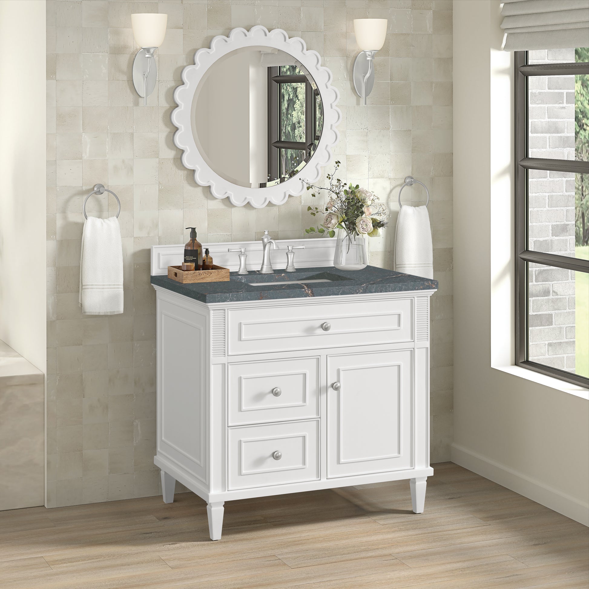Renovate for Less Atlanta Lorelai 36" Single Vanity, Bright White w/ 3 CM Parisien Bleu Silestone Top