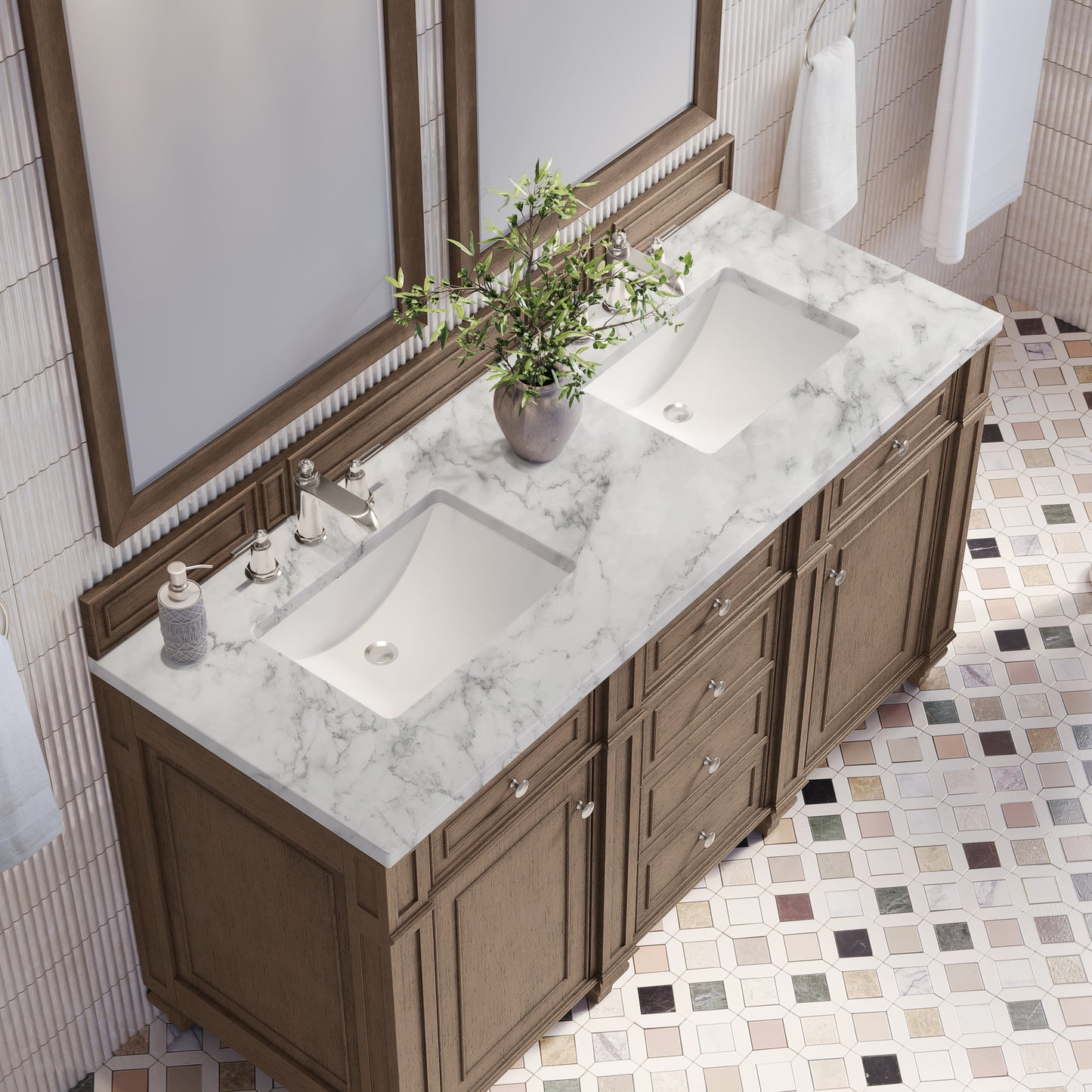 Renovate for Less Atlanta Bristol 60" Double Vanity, Whitewashed Walnut w/ 3 CM Carrara Marble Top