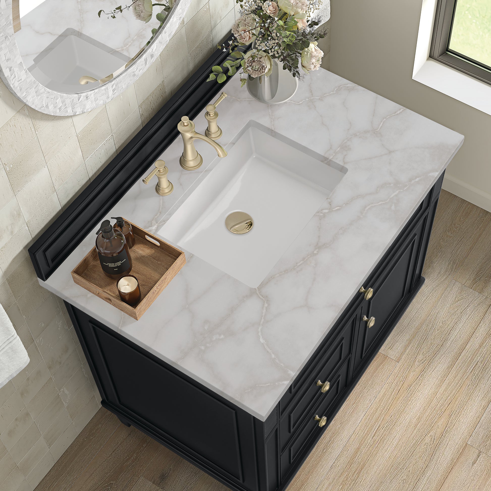 Renovate for Less Atlanta Lorelai 36" Single Vanity, Black Onyx w/ 3 CM Victorian Silver Silestone Top