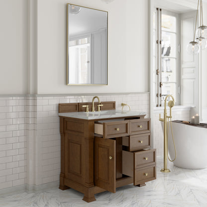 Renovate for Less Atlanta Brookfield 36" Single Vanity, Honey Oak w/ 3 CM Ethereal Noctis Silestone Top