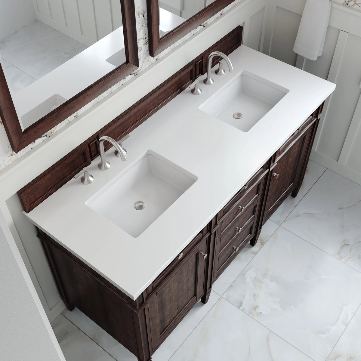 Brittany 60" Double Vanity, Burnished Mahogany w/ 3 CM White Zeus Silestone Top