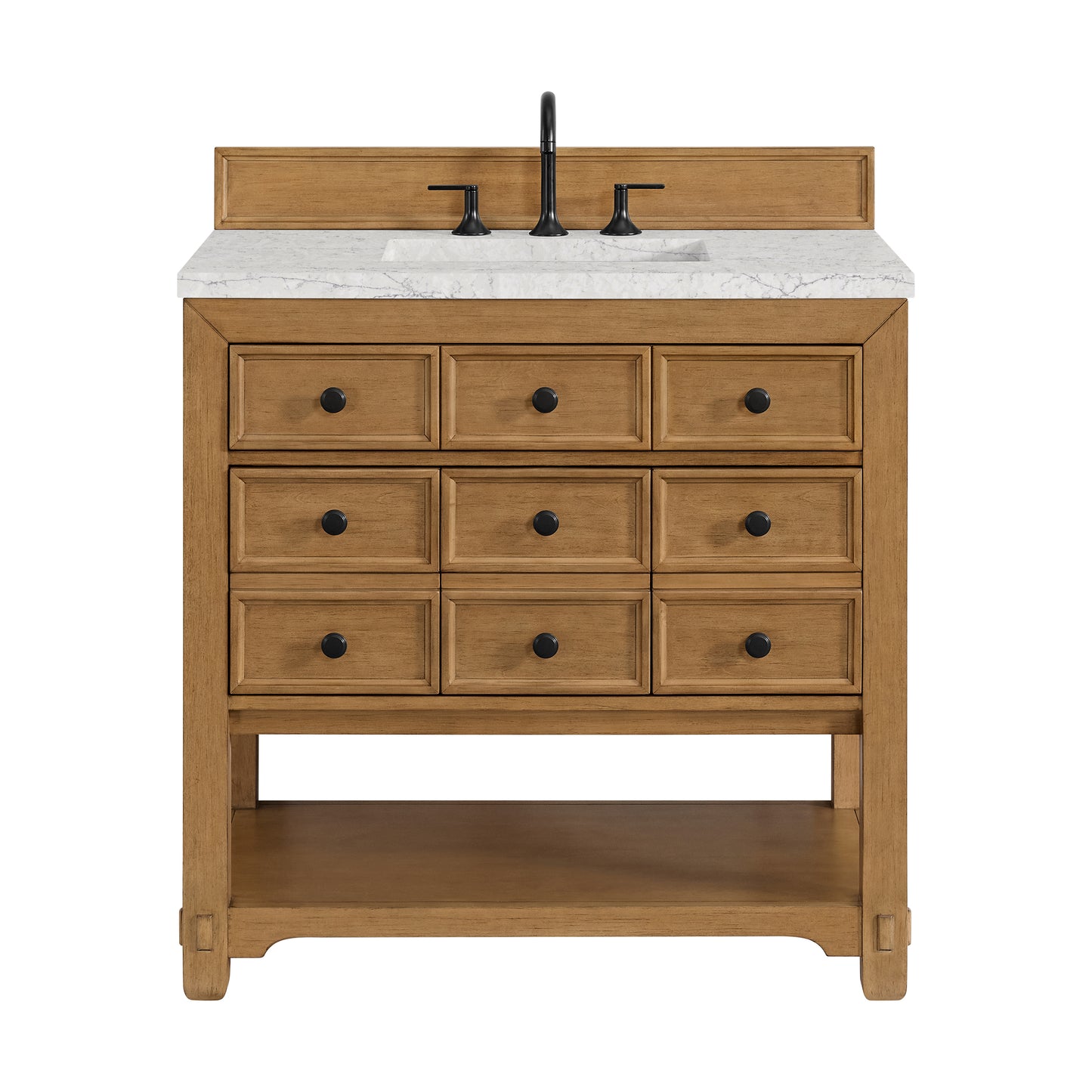 Renovate for Less Atlanta Malibu 36" Single Vanity, Amber Birch w/ 3 CM Eternal Jasmine Pearl Top