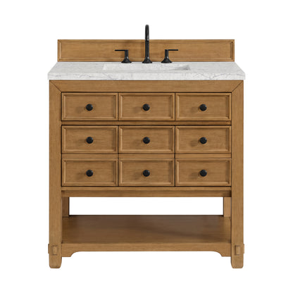 Renovate for Less Atlanta Malibu 36" Single Vanity, Amber Birch w/ 3 CM Eternal Jasmine Pearl Top