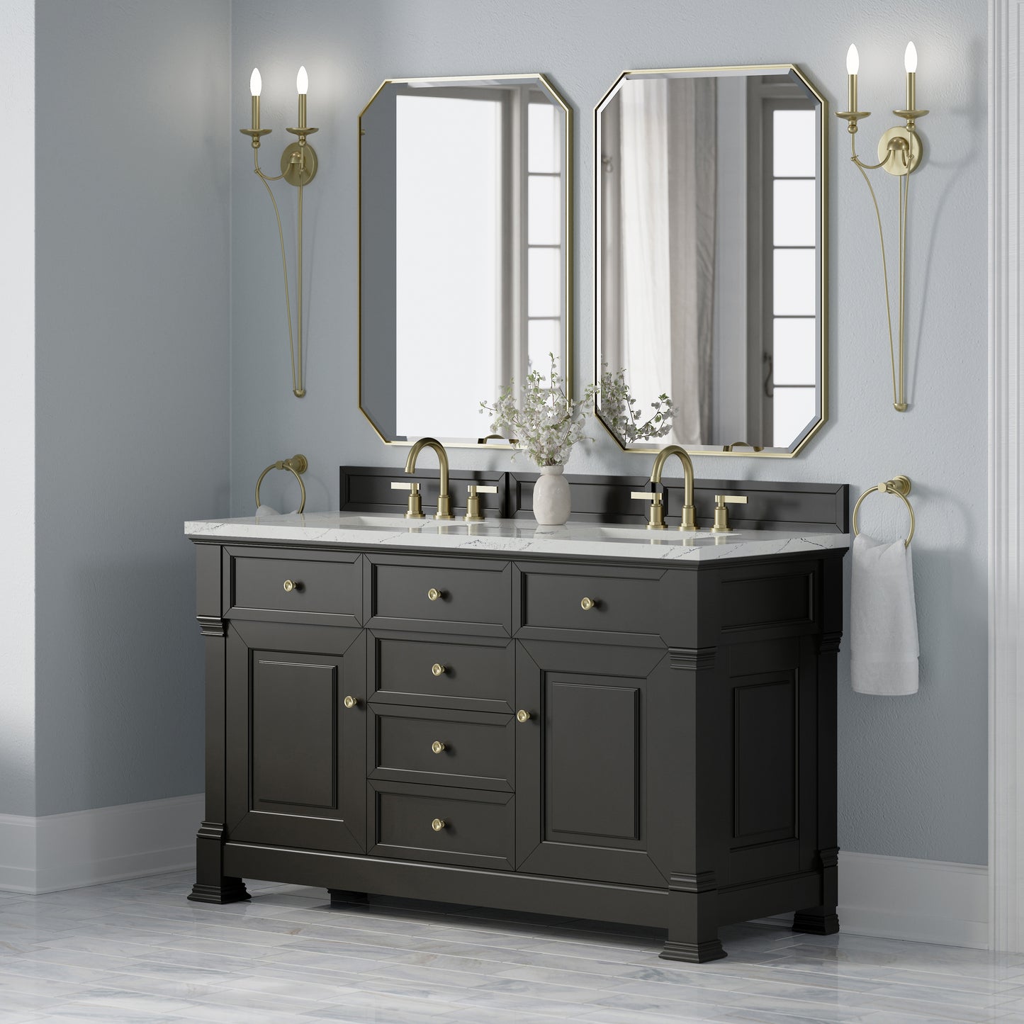 Renovate for Less Atlanta Brookfield 60" Double Vanity, Black Onyx w/ 3 CM Ethereal Noctis Silestone Top w/FreePower Wireless Charger
