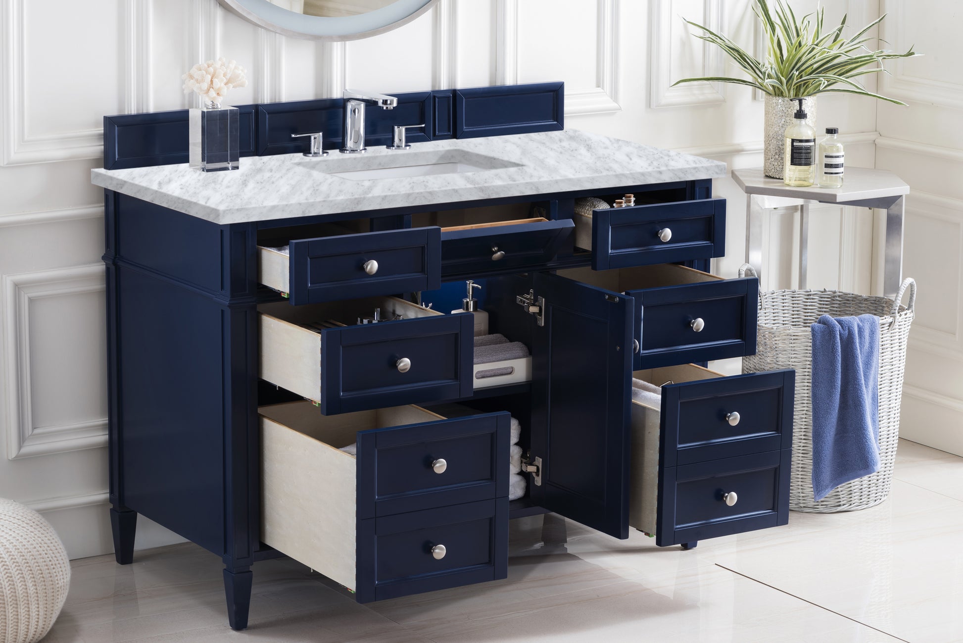 Renovate for Less Atlanta Brittany 48" Single Vanity, Victory Blue w/ 3 CM Carrara Marble Top