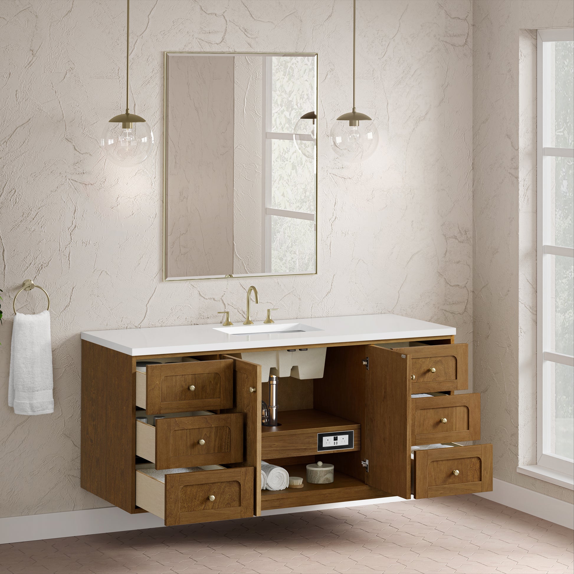 Renovate for Less Atlanta Laurent 60" Single Vanity, Honey Oak w/ 3 CM White Zeus Silestone Top