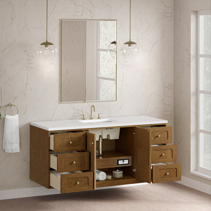 Renovate for Less Atlanta Laurent 60" Single Vanity, Honey Oak w/ 3 CM White Zeus Silestone Top