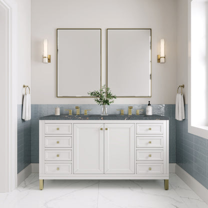 Renovate for Less Atlanta Chicago 60" Double Vanity, Glossy White, w/ 3 CM Parisien Bleu Silestone® Top w/FreePower Wireless Charger