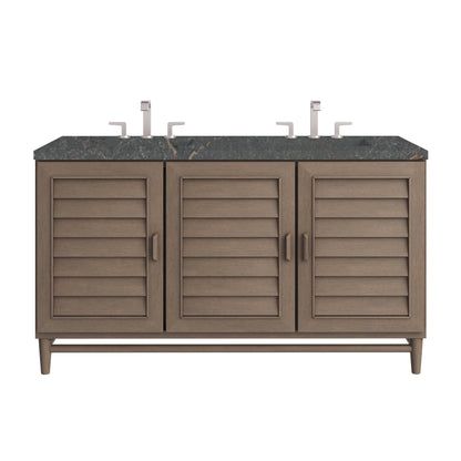 Renovate for Less Atlanta Portland 60" Double Vanity Whitewashed Walnut w/ 3 CM Parisien Bleu Silestone Top w/FreePower Wireless Charger