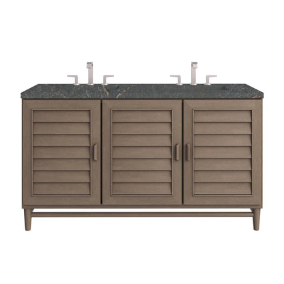 Portland 60" Double Vanity Whitewashed Walnut w/ 3 CM Parisien Bleu Silestone Top w/FreePower Wireless Charger