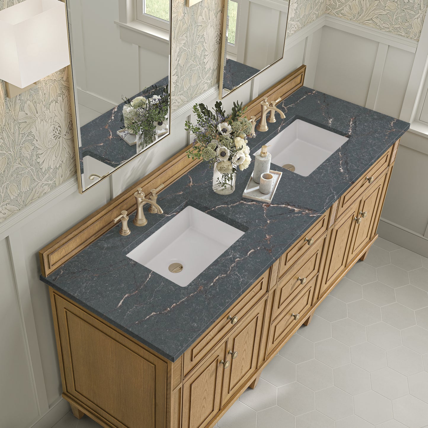 Renovate for Less Atlanta Lorelai 72" Double Vanity, Light Natural Oak w/ 3 CM Parisien Bleu Silestone Top