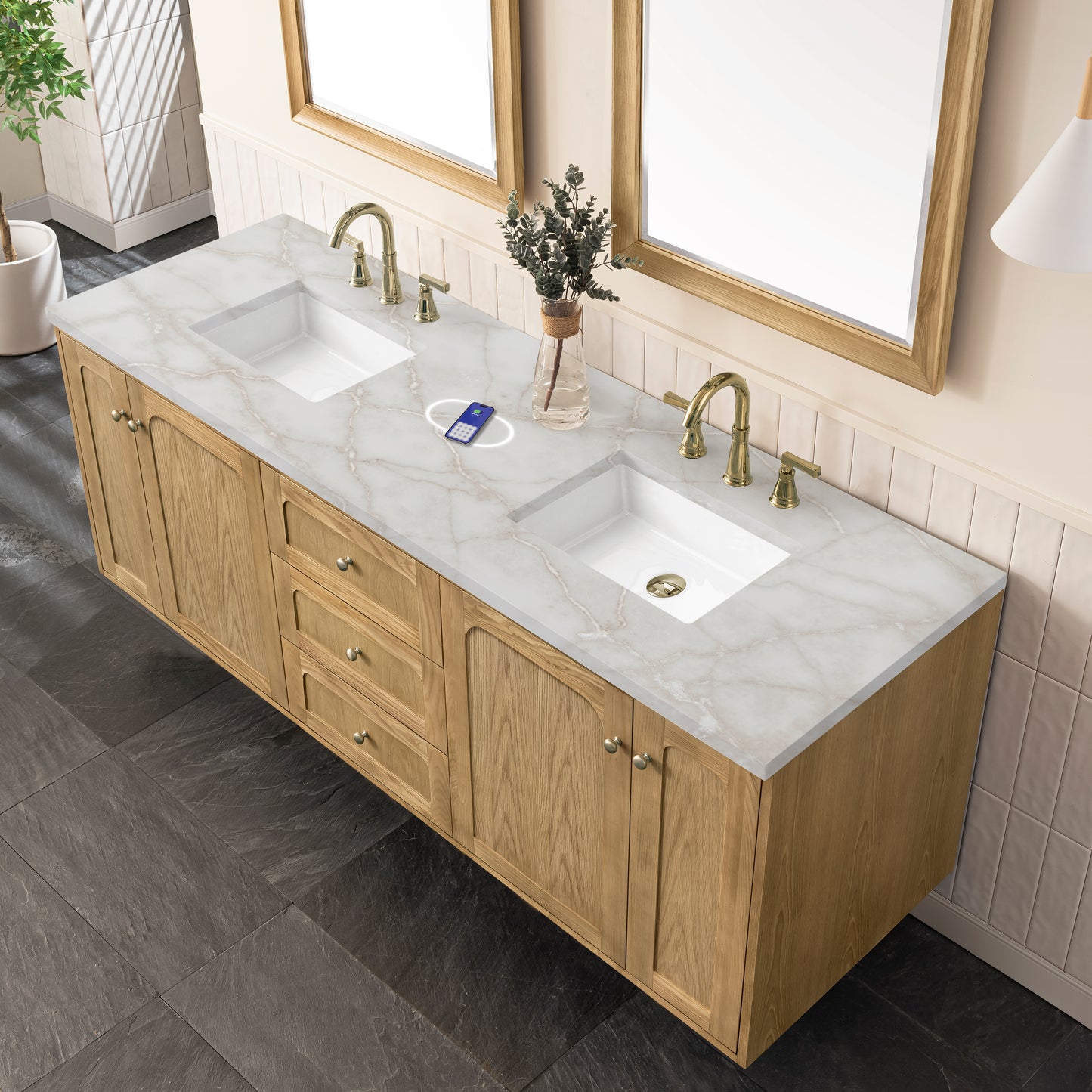Renovate for Less Atlanta Laurent 72" Double Vanity, Light Natural Oak w/ 3 CM Victorian Silver Top w/FreePower Wireless Charger