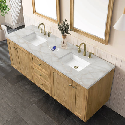 Laurent 72" Double Vanity, Light Natural Oak w/ 3 CM Victorian Silver Top w/FreePower Wireless Charger