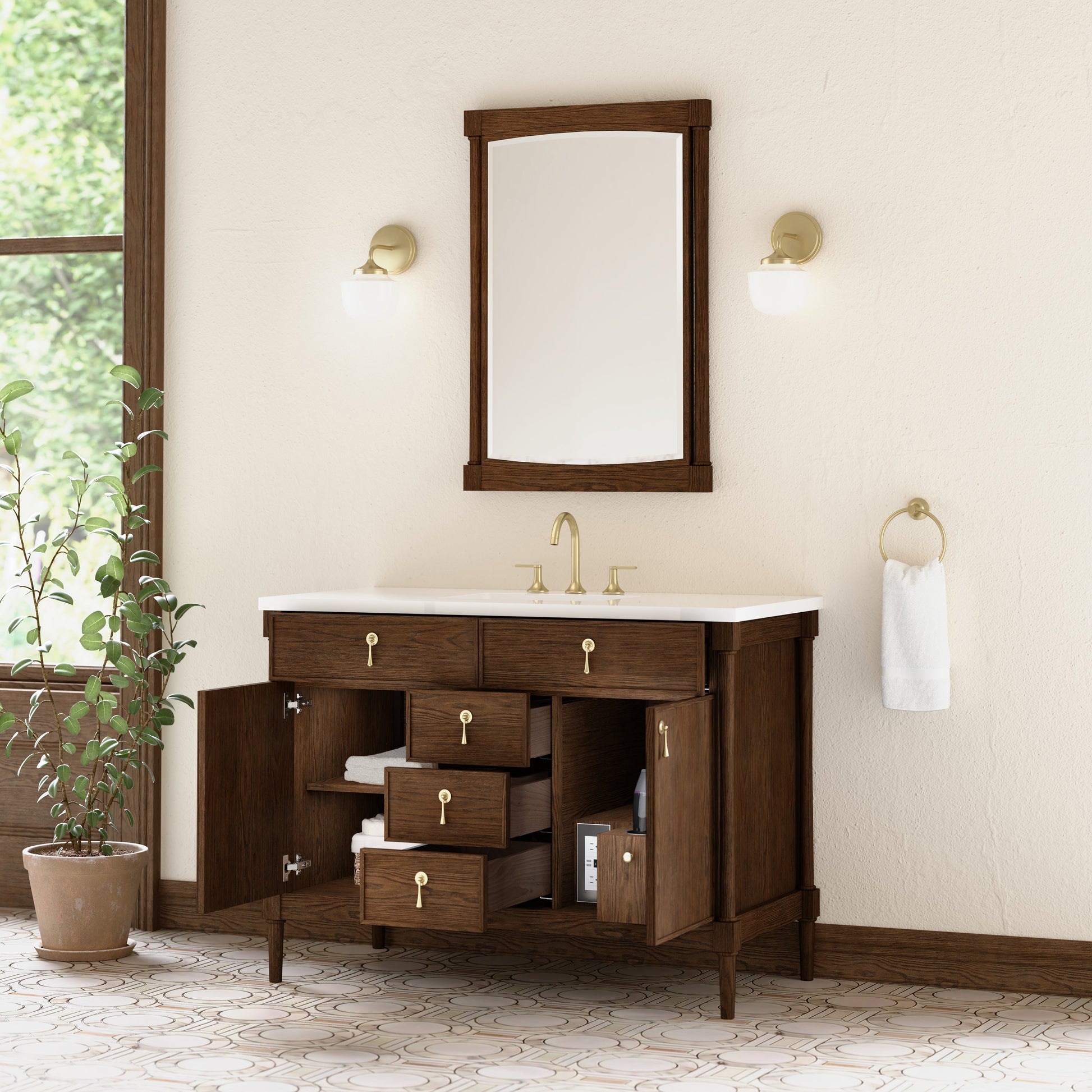 Renovate for Less Atlanta Kinnsden 48" Single Vanity, Sable Oak w/ 3 CM White Zeus Silestone Top