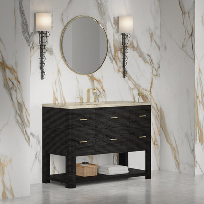 Renovate for Less Atlanta Lucian 48" Single Vanity, Carbon Oak, w/ 3 CM Tajnar Eclos Widespread Top
