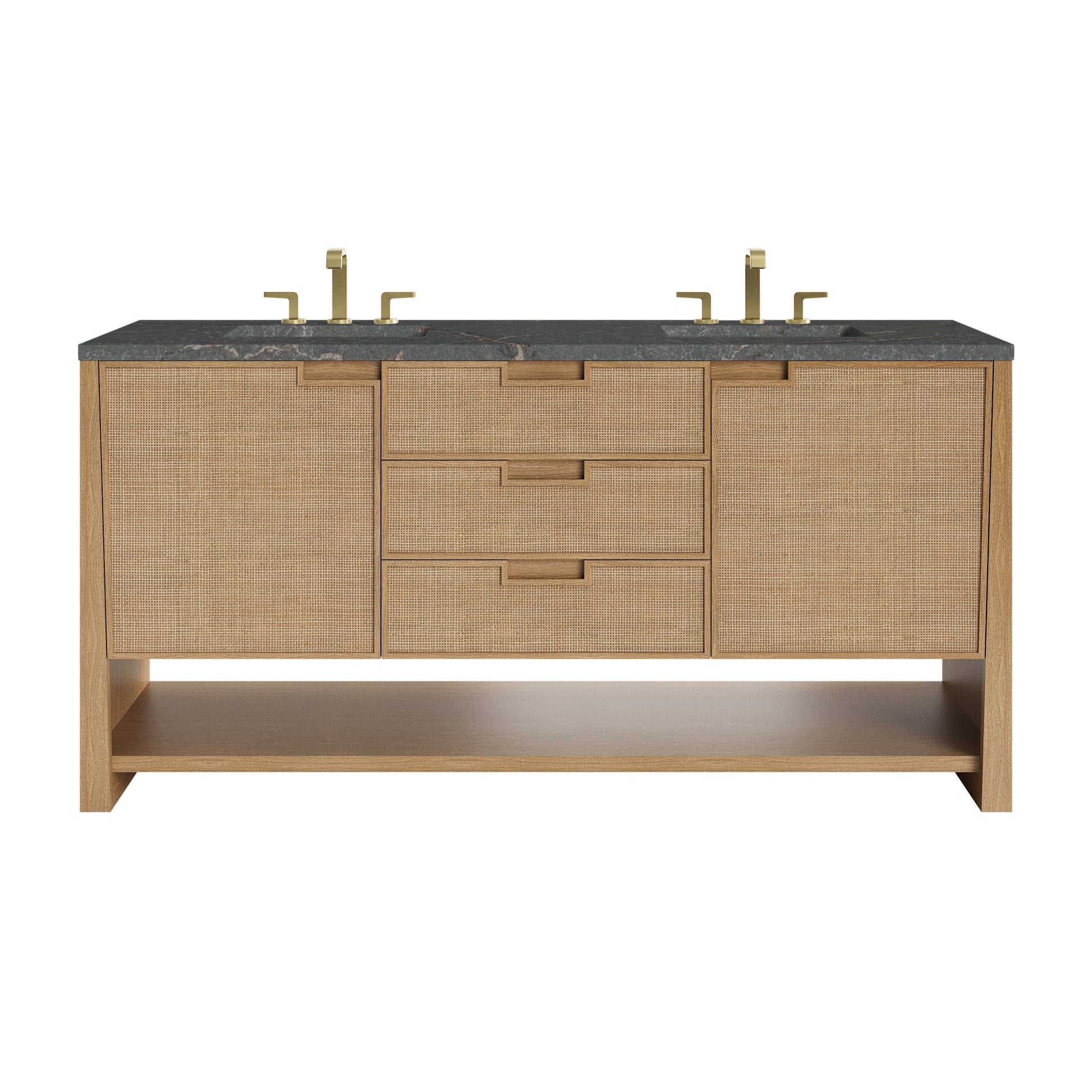 Renovate for Less Atlanta Solene 72" Double Vanity, Seaside Oak, w/ 3 CM Parisien Bleu Quartz Top