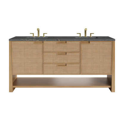 Renovate for Less Atlanta Solene 72" Double Vanity, Seaside Oak, w/ 3 CM Parisien Bleu Quartz Top