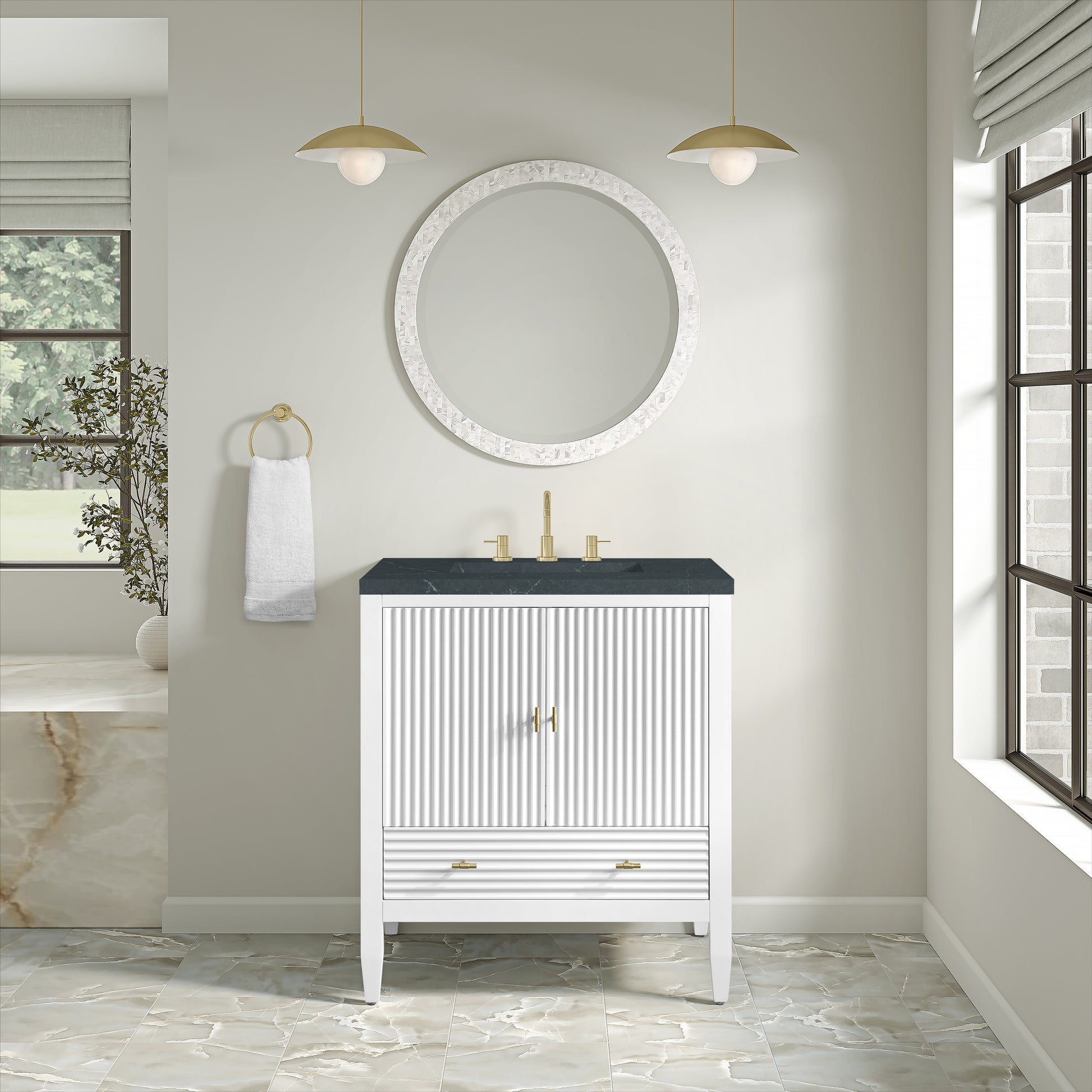 Renovate for Less Atlanta Myrrin 30" Single Vanity, Bright White w/ 3 CM Charcoal Soapstone Silestone Top