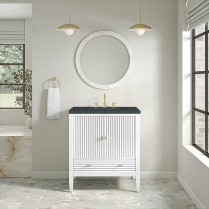 Renovate for Less Atlanta Myrrin 30" Single Vanity, Bright White w/ 3 CM Charcoal Soapstone Silestone Top